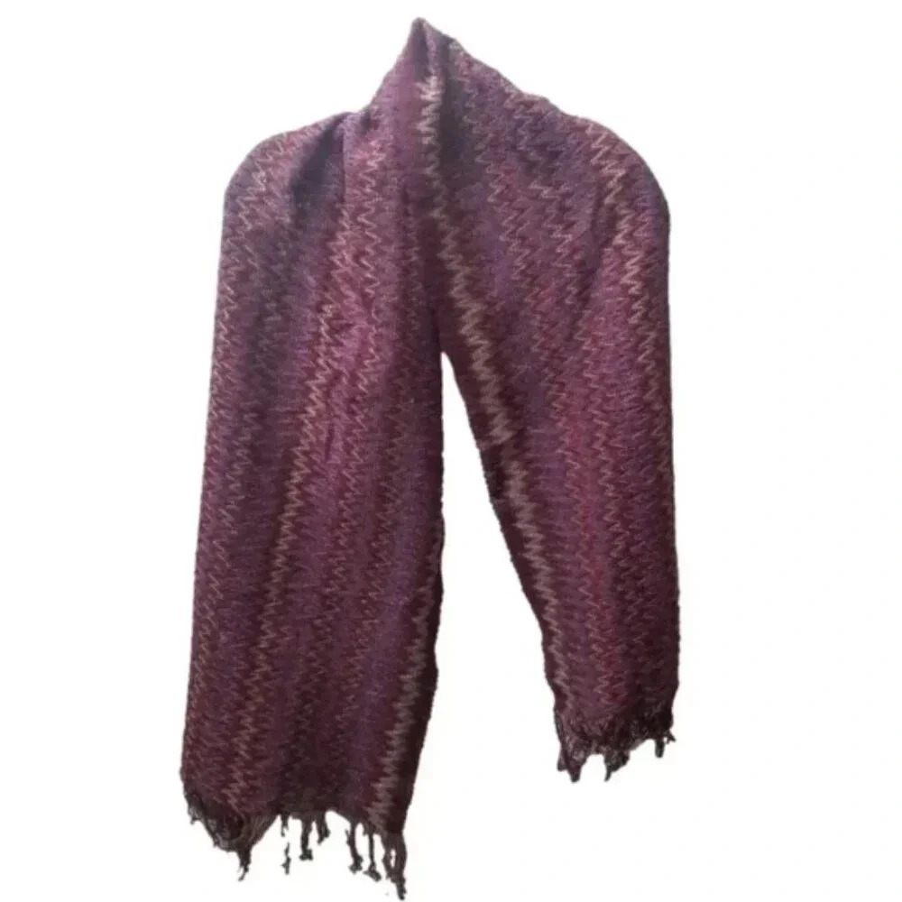 Missoni Scarf Long Fringe Multicolor Zig Zag Knit Wool Mohair Blend Purple